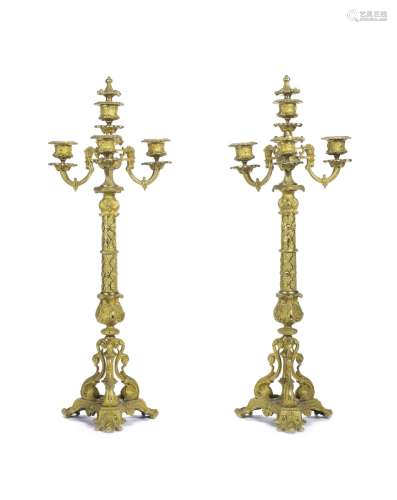 in the Renaissance taste A pair of late 19th century French gilt-bronze candelabra