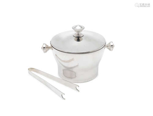 by Christofle  A plated covered ice bucket with tongs and mounted glass pitcher