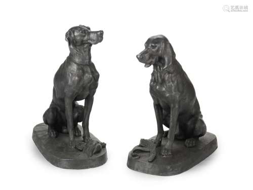 cast after the models by Val D'Osne After Henri Alfred Jacquemart (French, 1824-1896): A pair of 20th century patinated cast iron models of seated hunting dogs