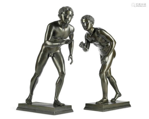 possibly cast by the Sabatino De Angelis & Fils After the antique: A pair of late 19th century / early 20th century Italian Grand Tour type bronze figures of Wrestlers