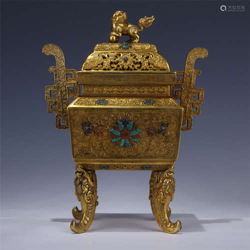 CHINESE GEM STONE INLAID GILT BRONZE LIDDED SQUARE CENSER