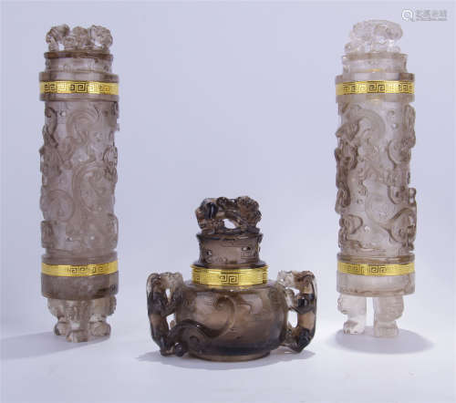 A SET OF THREE CHINESE ROCK CRYSTAL INSENCE CAGES