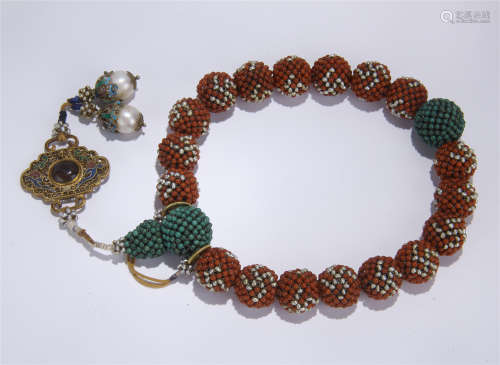 CHINESE CORAL PEARL TURQUOISE AGALWOOD BEAD BRACELET
