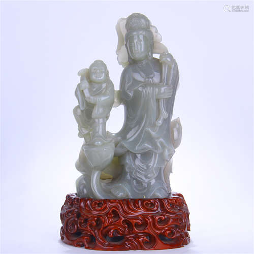 CHINESE CELADON JADE STANDING GUANYIN WITH BOY