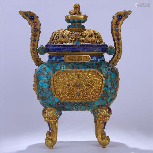 CHINESE GILT SILVER GEM STONE INLAID LIDDED SQUARE CENSER