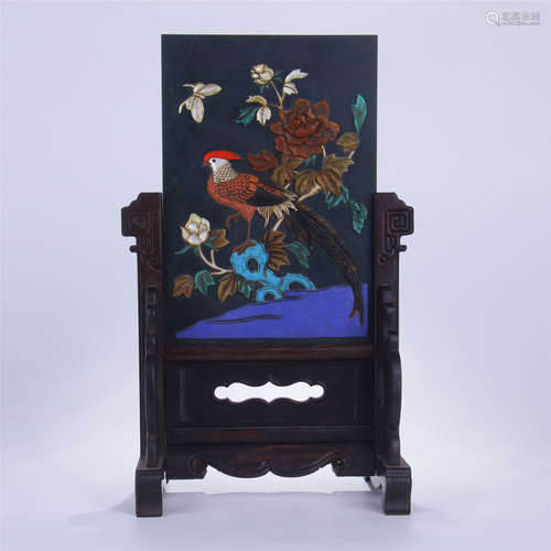 CHINESE GEM STONE INLAID JADE PLAQUE ROSEWOOD TABLE SCREEN