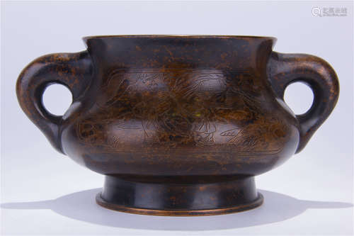 CHINESE BRONZE HANDLED ROUND CENSER