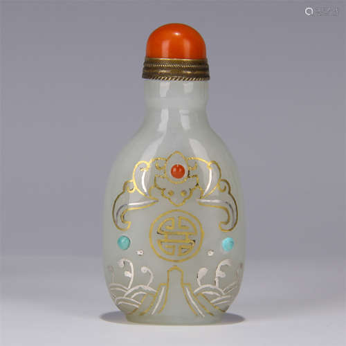 CHINESE GOLD SILVER INLAID JADE SNUFF BOTTLE