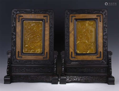 PAIR OF SOAPSTONE PLAQUE ROSEWOOD TABLE SCREENS