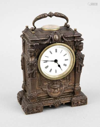 Uhr mit Kompass, um 1900, klassizistischer Stil, patinierter Weißmetallguss