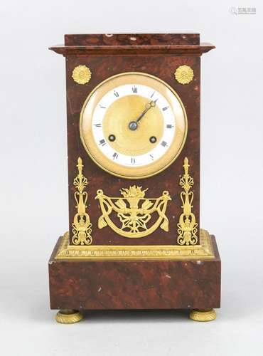 Empire Pendule, 1st half of the 19th century, red marble white on 4 gilded