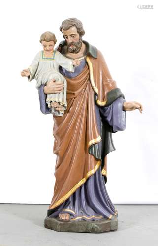 Große Heiligenfigur des 19. Jh., nahezu lebensgroßer Josef mit Jesusknaben,