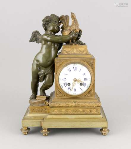 Figured pendulum clock in the Empire style, ormolu and burnished, putto on