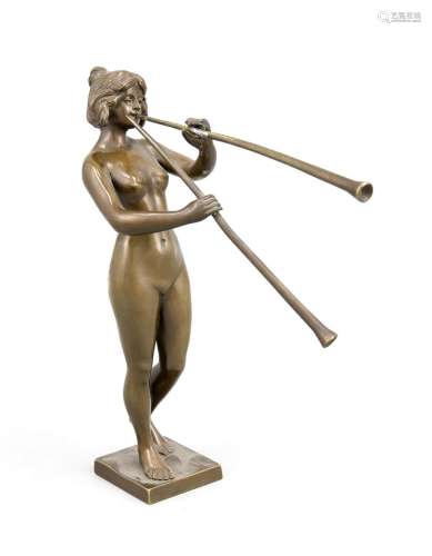 Sculptor around 1900, Aulos playing, female nude, green-brown patinated bro