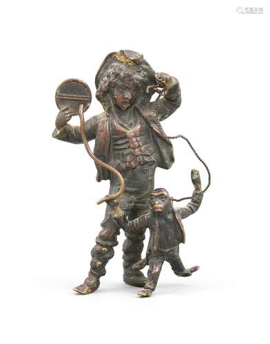 Ital. Sculptor around 1860, young showman with trained monkey, brown patina