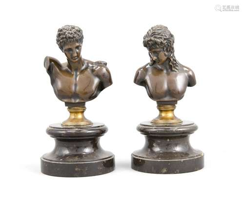 A pait of busts based on ancient models, velvety, brown patinated castings