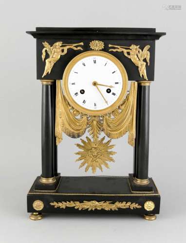 Empire portal clock, France, around 1810, ormolued flower appliques, robes