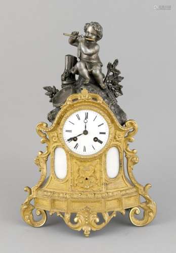 Decorative pendulum clock gilded and burnished, flute playing boy in the na