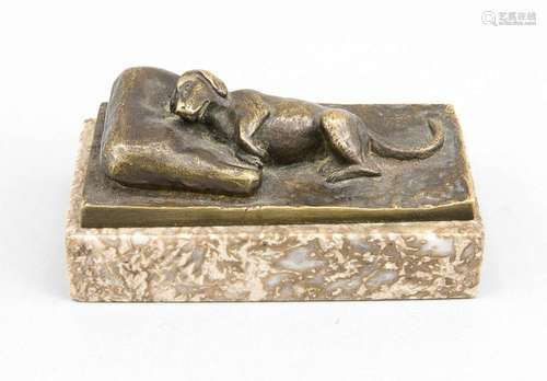 Paperweight in the form of a dachshund sleeping on a bed, patinated bronze