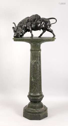 Chinese sculptor around 1900, large bronze group of a buffalo fighting two