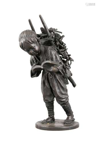 Japanese sculptor of the 19th century, wood-collecting boy with a peg on hi