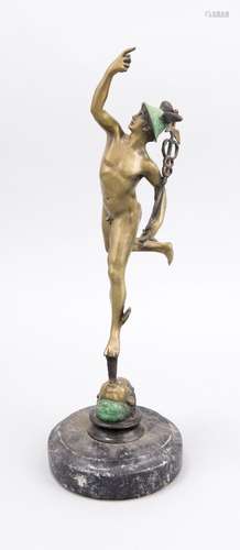 Hermes nach Giambologna, 20. Jh., Bronze teils grün staffiert, über grauem