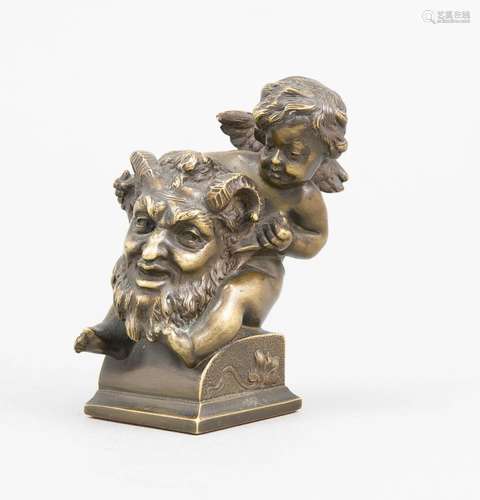 Anonymous sculptor around 1900, cupid on the shoulders of a faun, patinated