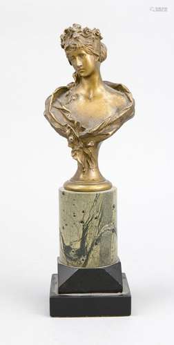 French sculptor around 1890, Bust of Flora with flower wreath, gold-colored