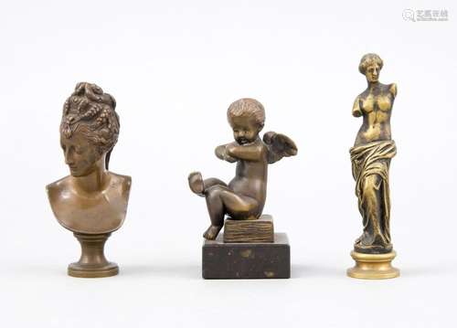 Misc. Sculptor around 1900, mixed lot of three small bronzes, bust of Diane