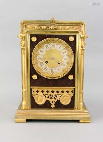 Gilded mantel clock, mid-19th century, fire-gilded brass, curved head suppo