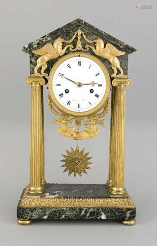 Column Portal Clock, France early 19th century, greenish marble with gilded