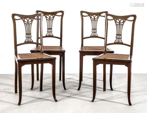 Set of 4 chairs, solid walnut, Art Nouveau, around 1900, slightly flared fr