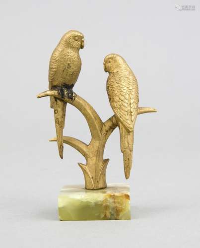 Small animal sculpture, probably Viennese around 1920, two budgies on branc