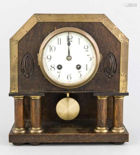 Art-Nouveau table clock around 1910, oak wood case with metal mounts, glaze