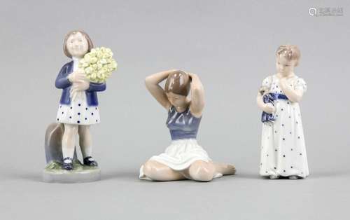 Three Children Figures, Royal Copenhagen, marks 1969-90, Girl with Bouquet,