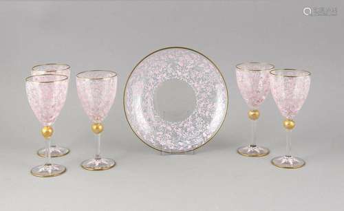 Five wine glasses, 20th century, round base, slender shaft with ball decora