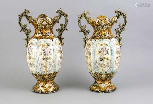 A pair of historicism vases, German, c. 1880, majolica, color glazed, relie