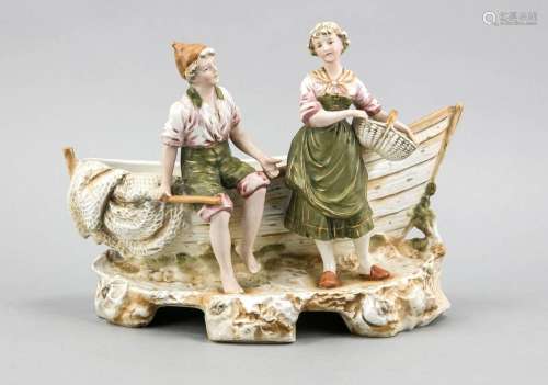 Fisherman couple at the boat, prob. Bohemia, 20th cent., Polychrome painted