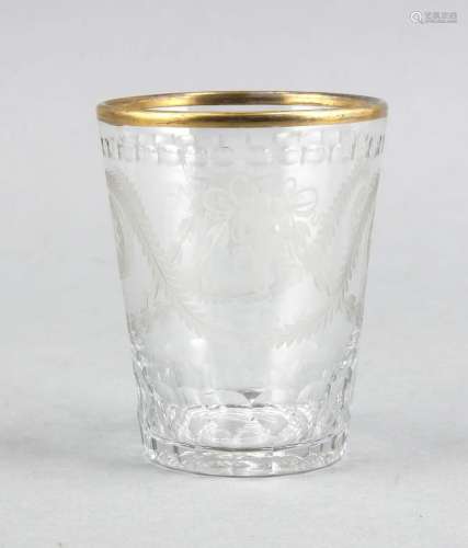 Beaker, 19th century, round base, conical shape, clear glass with gold rim,