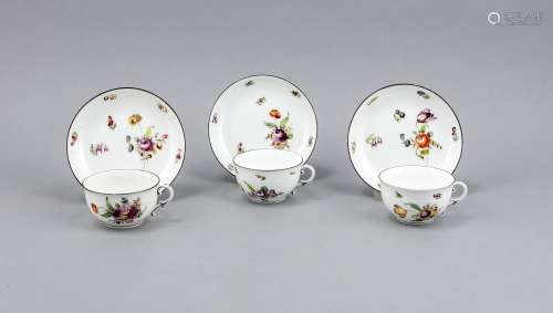 Three tea cups with saucers, Nymphenburg, Mark 1925-75, bascet border, poly