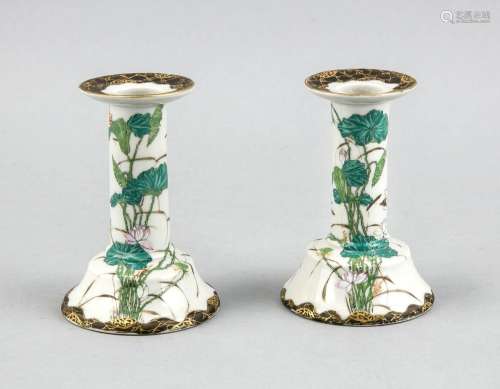 Pair of candlesticks, Japan, late 20th century, polychrome painted all arou