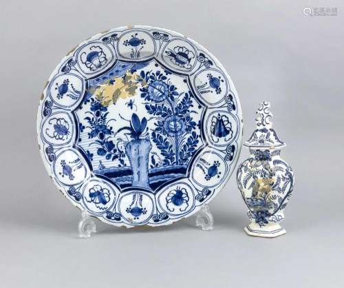 Vase and plate, Delft, Holland, 18th century, large plate, flower painting