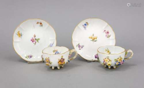Two cups with saucer, Meissen, stamps 1850-1924, 1st choice, branch feet an