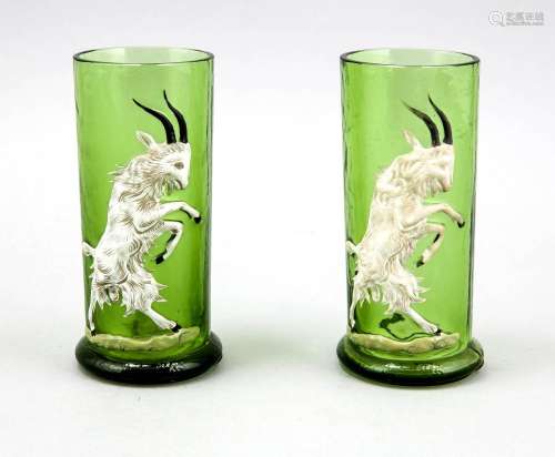 A pair of beakers, around 1900, round base, cylindrical body, green glass w