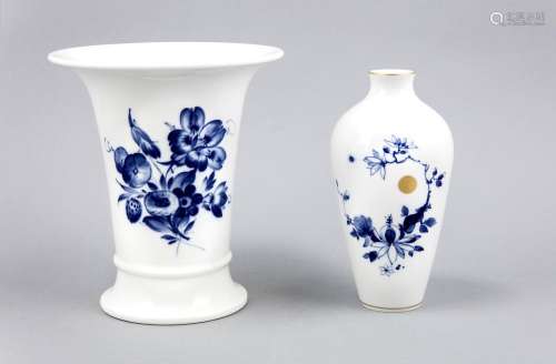 Two vases, Meissen, after 1950, blue flower in aquatint, trumpet vase, 2nd