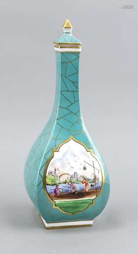 Lidded vase, Potschappel, Dresden, 20th cent., Bottle-shaped body, reserves