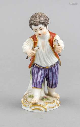 Small figure, Meissen, 20th century, 1st choice, gardener boy with 2 birds