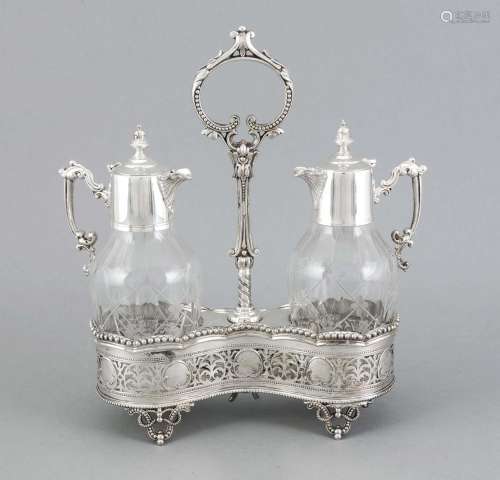 Cruet stand, England, 20th century, plated, with 3 small bottles, clear gla