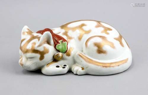 Sleeping Cat, Japan, late 20th century, animal figure with collar, partly c