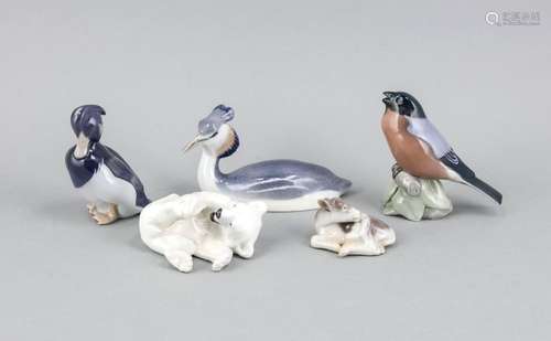 Five Animal Figures, Denmark, 20th Century, Bullfinch, Bing & Grondahl, H.